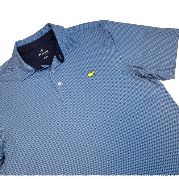 Masters Tech Blue Stretch Micro Check Polo Shirt Embroidered Logo Medium D7 - Picture 1 of 9